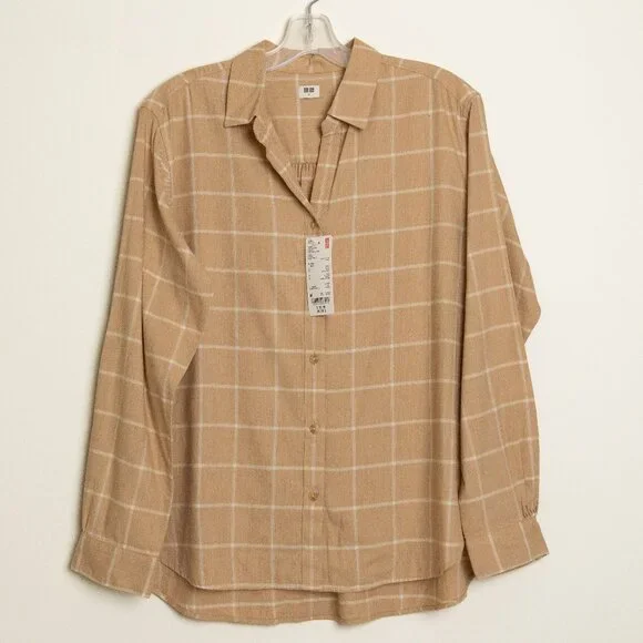 Uniqlo Soft Brushed Long Sleeve Shirt Plaid Checked Beige - Picture 2 of 12